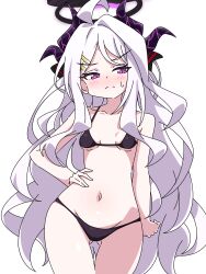 Rule 34 | 1girl, absurdres, bare arms, bare legs, bare shoulders, bikini, black bikini, black horns, blue archive, blush, breasts, closed mouth, collarbone, cowboy shot, demon horns, gluteal fold, groin, halo, hand on own hip, highres, hina (blue archive), horns, long hair, looking at viewer, mangyu0111, multiple horns, navel, purple eyes, simple background, small breasts, solo, swimsuit, very long hair, white background, white hair