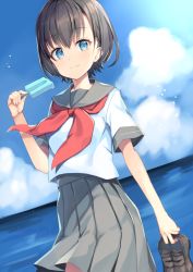 Rule 34 | 1girl, ameshizuku natsuki, blue eyes, blue sky, brown hair, closed mouth, cloud, cloudy sky, commentary request, day, dutch angle, food, grey sailor collar, grey skirt, hair between eyes, hand up, highres, holding, holding clothes, holding food, holding footwear, horizon, loafers, moe2019, neckerchief, ocean, original, outdoors, pleated skirt, popsicle, red neckerchief, sailor collar, school uniform, serafuku, shirt, shoes, unworn shoes, short hair, short sleeves, skirt, sky, smile, solo, water, white shirt