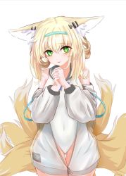 Rule 34 | animal ear fluff, animal ears, arknights, blonde hair, blue hairband, commentary, covered navel, cowboy shot, fox ears, fox girl, fox tail, gluteal fold, green eyes, hairband, highres, jacket, kitsune, kyuubi, long hair, looking at viewer, multiple tails, off shoulder, one-piece swimsuit, open clothes, open jacket, own hands together, parted lips, sailor collar, simple background, solo, suzuran (arknights), swimsuit, tail, thigh gap, white background, white jacket, white one-piece swimsuit, yinxiang