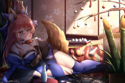 Rule 34 | 1girl, :d, alcohol, animal ears, ball, bamboo, bare shoulders, blue kimono, blue thighhighs, blush, branch, breasts, chahei, choko (cup), cleavage, commentary request, cup, detached collar, detached sleeves, drunk, fang, fate/grand order, fate (series), food, fox ears, fox girl, fox tail, highres, holding, indoors, japanese clothes, kimono, large breasts, long hair, long sleeves, looking at viewer, nose blush, onigiri, open mouth, over-kneehighs, pink hair, sakazuki, sake, sleeves past wrists, smile, solo, strapless, tail, tamamo (fate), tamamo no mae (fate/extra), temari ball, thighhighs, thighs, tokkuri, wide sleeves