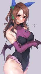 Rule 34 | 1girl, absurdres, animal ears, bare shoulders, bat wings, blush, breasts, brown hair, collarbone, covered navel, ear covers, elbow gloves, gloves, green ribbon, grey background, hair ribbon, highres, horse ears, horse girl, horse tail, king halo (umamusume), kshimu, long hair, looking at viewer, medium breasts, open mouth, purple gloves, red eyes, ribbon, simple background, solo, tail, thighs, umamusume, wings