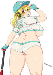 Rule 34 | 1girl, ass, backboob, baseball bat, baseball cap, baseball uniform, blonde hair, blush, breasts, butt crack, clothes writing, fingerless gloves, gloves, hat, headphones, huge ass, huge breasts, looking at viewer, looking back, midriff, nitroplus, open mouth, pants, plump, short hair, simple background, skindentation, smile, solo, sportswear, super pochaco, sweat, thick thighs, thighs, tsuji santa, twintails, underboob, wide hips