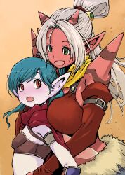 Rule 34 | 2girls, breasts, colored skin, demon girl, dragon quest, dragon quest x, elf (dq10), green eyes, hair ornament, high ponytail, highres, horns, large breasts, long hair, maiyu (dq10), multiple girls, muramasa mikado, ogre (dq10), open mouth, pointy ears, ponytail, red eyes, red skin, scarf, simple background, smile, spikes, tattoo, white hair