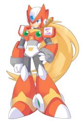 Rule 34 | 1boy, android, blonde hair, blue eyes, full body, hand on own hip, highres, long hair, male focus, mega man (series), mega man x (series), omeehayo, simple background, solo, standing, very long hair, white background, zero (mega man)