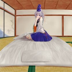 Rule 34 | 1girl, absurdres, blue eyes, blue hat, blue skirt, closed mouth, commentary request, full body, grey hair, hat, highres, indoors, long hair, looking at viewer, mikotouca, mononobe no futo, pom pom (clothes), ponytail, ribbon-trimmed sleeves, ribbon trim, sitting, skirt, smile, solo, tatami, tate eboshi, touhou, variant set, wide shot