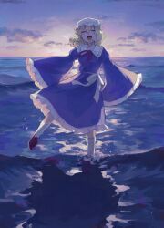 Rule 34 | 1girl, :d, closed eyes, cloud, collared dress, commentary request, dress, facing viewer, frilled skirt, frilled sleeves, frills, full body, hat, highres, long hair, long sleeves, maribel hearn, mob cap, mushiao, neck ribbon, ocean, open mouth, outdoors, purple dress, purple ribbon, red footwear, ribbon, skirt, sleeves past fingers, sleeves past wrists, smile, socks, solo, touhou, wading, water, white hat, white socks, wide sleeves