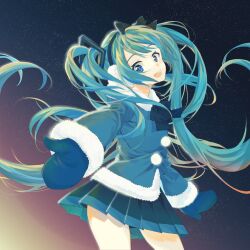 Rule 34 | 1girl, blue eyes, blue hair, bow, commentary, earmuffs, fur-trimmed hood, fur-trimmed jacket, fur-trimmed sleeves, fur trim, hair bow, hatsune miku, head tilt, highres, hood, hood down, hooded jacket, jacket, kaya wong, long hair, mittens, open mouth, outstretched arm, pleated skirt, pom pom (clothes), skirt, sky, smile, solo, star (sky), starry sky, twintails, very long hair, vocaloid, yuki miku, yuki miku (2012)