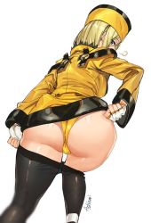 Rule 34 | 1girl, ashiomi masato, ass, black pantyhose, blonde hair, blue eyes, breath, clothes pull, fingerless gloves, fur hat, gloves, guilty gear, guilty gear xrd, hat, hip focus, huge ass, jacket, looking back, millia rage, panties, pantyhose, pantyhose pull, signature, simple background, solo, thighs, underwear, ushanka, white background, yellow hat, yellow panties