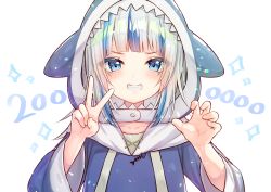 Rule 34 | 1girl, animal hood, blue eyes, blue hair, blue hoodie, claw pose, collarbone, commentary request, drawstring, gawr gura, gawr gura (1st costume), grin, hands up, highres, hololive, hololive english, hood, hood up, hoodie, long sleeves, looking at viewer, milestone celebration, multicolored hair, sawa (sawasaku), shark hood, sharp teeth, silver hair, simple background, smile, solo, sparkle, streaked hair, teeth, upper body, v, virtual youtuber, white background, wide sleeves