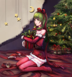 Rule 34 | 1girl, absurdres, alternate costume, bad id, bad pixiv id, bare shoulders, bell, belt, breasts, chen feng si, christmas, christmas tree, crescent moon, detached sleeves, dress, front ponytail, gift, green eyes, green hair, hair ribbon, hat, highres, holding, holding gift, kagiyama hina, light, long hair, looking to the side, matching hair/eyes, moon, ornament, parted lips, ponytail, red thighhighs, ribbon, santa hat, sitting, small breasts, solo, star (symbol), strapless, strapless dress, thighhighs, thighs, touhou, tube dress, wariza