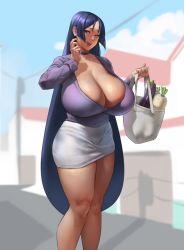 Rule 34 | 1girl, bag, blue hair, breasts, choker, cleavage, commentary, curvy, earrings, eggplant, eu03, fate/grand order, fate (series), huge breasts, jewelry, long hair, looking at viewer, mature female, minamoto no raikou (fate), no bra, open mouth, phallic symbol, purple eyes, purple hair, radish, shopping bag, skirt, smile, solo, standing, thick thighs, thighs, veins, veiny breasts, very long hair, wide hips