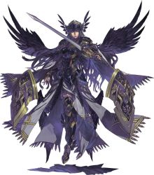 Rule 34 | armor, armored dress, black wings, boobplate, breastplate, cape, feather trim, feathered wings, floating, gauntlets, greaves, helmet, hrist valkyrie, long hair, looking at viewer, official art, ornate armor, red eyes, shield, solo, sword, valkyrie anatomia, valkyrie profile (series), weapon, wings