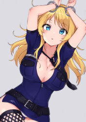 Rule 34 | 1girl, :o, alternate costume, belt, belt buckle, black necktie, black thighhighs, blonde hair, blue dress, blue eyes, blush, breast pocket, breasts, buckle, cleavage, collarbone, cowboy shot, cuffs, dress, eyes visible through hair, fishnet thighhighs, fishnets, gluteal fold, grey background, hachimiya meguru, handcuffs, hands up, highres, hip vent, idolmaster, idolmaster shiny colors, large breasts, long hair, looking at viewer, loose necktie, low twintails, lying, minikon, miniskirt, necktie, on back, open mouth, panties, pantyshot, partially unzipped, pencil skirt, pocket, police, police uniform, policewoman, short dress, short sleeves, sidelocks, simple background, skirt, solo, swept bangs, thigh gap, thighhighs, tight clothes, tight dress, twintails, underwear, uniform, white panties, wide hips, zettai ryouiki, zipper pull tab