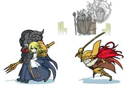 Rule 34 | 1girl, 3boys, absurdres, blonde hair, blue eyes, brother and sister, carrying, carrying person, chair, chasing, clenched teeth, covered eyes, elden ring, helmet, highres, kuroneghi, long hair, malenia blade of miquella, miquella (elden ring), mohg lord of blood, morgott the omen king, multiple boys, polearm, red hair, running, siblings, simple background, sword, teeth, trident, weapon, white background