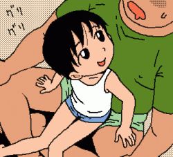 Rule 34 | 2boys, age difference, animated, animated gif, barefoot, black hair, child, lowres, male focus, multiple boys, open mouth, short shorts, shorts, sitting, sitting on person, smile, sweat, thighs, yaoi