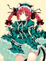Rule 34 | 1girl, :3, animal ears, artist name, bamboo, black bow, black ribbon, bow, braid, cat ears, cat tail, clothes lift, dress, dress lift, floral background, floral print, flower, green dress, green headwear, juliet sleeves, kaenbyou rin, legs, lifted by self, long sleeves, multiple tails, patterned background, puffy sleeves, red eyes, red hair, ribbon, shigunyan, shiny skin, signature, solo, striped background, striped clothes, striped dress, tail, touhou, twin braids, two tails, yellow background