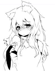 Rule 34 | 1girl, alternate hair length, alternate hairstyle, animal ears, bare shoulders, blush, bridal gauntlets, detached sleeves, greyscale, inubashiri momiji, lineart, long hair, looking at viewer, monochrome, playing with own hair, shirt, solo, terazip, touhou, wolf ears