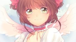 Rule 34 | 1990s (style), 1girl, antenna hair, blurry, blush, brown hair, cardcaptor sakura, choker, closed mouth, feathered wings, frills, green eyes, hair ornament, hand on own chest, highres, kinomoto sakura, looking back, magical girl, makaron611, puffy sleeves, retro artstyle, scrunchie, short hair, smile, solo, twintails, two side up, wings
