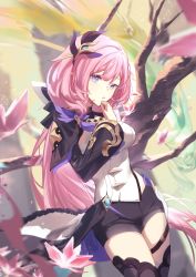 Rule 34 | 1girl, black footwear, black shorts, blue eyes, boots, branch, breasts, cleavage, elysia (honkai impact), elysia (miss pink elf) (honkai impact), hair ornament, highres, honkai (series), honkai impact 3rd, long hair, long sleeves, looking at viewer, open mouth, pink hair, pointy ears, shirt, shorts, solo, thigh boots, thighhighs, white shirt, zirancike