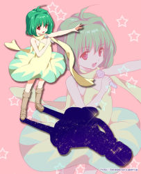 Rule 34 | 00s, 1girl, :d, ahoge, bare shoulders, boots, brown socks, dress, flat chest, from above, green hair, hair intakes, high heels, holding, idol, knee boots, kneehighs, macross, macross frontier, microphone, music, omuni, open mouth, outstretched arm, outstretched hand, pink background, ranka lee, red eyes, scarf, shadow, shoes, short hair, simple background, singing, sky, smile, socks, solo, space, sparkle, standing, star (sky), star (symbol), starry sky, watermark, web address, yellow dress, zoom layer