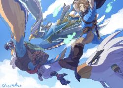 Rule 34 | 4boys, aircraft, bird boy, bird wings, blonde hair, blue sky, chinese commentary, cloud, cloudy sky, commentary request, feathered wings, feathers, furry, furry male, ghost, glider, gliding, kass, link, looking at another, male focus, meganemido, multiple boys, nintendo, revali, signature, sky, smile, teba (zelda), the legend of zelda, wings