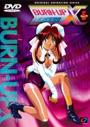 Rule 34 | 1990s (style), 1girl, absurdres, belt, breast hold, breasts, brooch, brown hair, bun cover, burn-up, burn-up excess, city, cleavage, cleavage cutout, clothing cutout, cover, dark-skinned female, dark skin, detached sleeves, double bun, dvd cover, elbow gloves, gloves, hair bun, high heels, highres, jewelry, large breasts, legs, long hair, looking at viewer, nanvel candlestick, official art, open mouth, purple eyes, retro artstyle, ribbon, shoes, shorts, smile, solo, tan