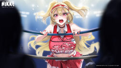 Rule 34 | 2others, 3girls, absurdres, black choker, blonde hair, boxing ring, breasts, cheerleader, choker, clay (nikke), collared shirt, crop top, cropped, crying, crying with eyes open, frown, goddess of victory: nikke, hair between eyes, highres, indoors, large breasts, light blush, long hair, looking at viewer, milk (nikke), miniskirt, multiple girls, multiple others, navel, official art, open mouth, pink eyes, pink nails, pleated skirt, red shirt, red skirt, shirt, short twintails, sidelocks, skirt, sleeveless, sleeveless shirt, solo, standing, tears, teeth, tongue, twintails, visor cap