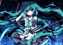 Rule 34 | 1girl, aosaki yato, aqua hair, aqua necktie, bare shoulders, black skirt, black sleeves, blue eyes, commentary, cowboy shot, detached sleeves, digital dissolve, foreshortening, grey shirt, hair ornament, hand on headphones, hatsune miku, headphones, headset, hibikase (vocaloid), highres, long hair, looking at viewer, miniskirt, necktie, outstretched arm, shirt, shoulder tattoo, skirt, sleeveless, sleeveless shirt, smile, solo, tattoo, twintails, very long hair, vocaloid