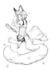 Rule 34 | 1girl, ahoge, animal ear fluff, animal ears, back, bare shoulders, barefoot, blunt bangs, brushing hair, brushing own hair, commentary request, fox ears, fox girl, fox tail, from behind, greyscale, hair brush, holding, jaco, looking at viewer, looking back, monochrome, motion lines, off-shoulder shirt, off shoulder, original, see-through, shirt, short hair, shorts, sitting, sketch, solo, sparkle, sweatdrop, tail, brushing tail, thick eyebrows, wariza, wavy mouth, white background, wool