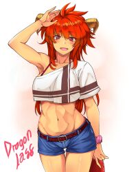 Rule 34 | 1girl, :d, arm up, belt, blush, brown belt, character request, commentary request, copyright request, cowboy shot, crop top, crop top overhang, denim, denim shorts, exiledawn, highres, horns, long hair, looking at viewer, midriff, navel, open mouth, red eyes, red hair, shirt, short shorts, short sleeves, shorts, single-shoulder shirt, single bare shoulder, single sleeve, smile, solo, standing, stomach, thighs, very long hair, white shirt