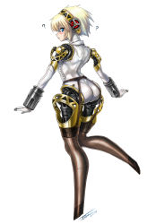 Rule 34 | 1girl, ?, aegis (persona), android, ass, blonde hair, blue eyes, blush, butt crack, from behind, garter belt, hairband, highres, jlm, looking back, parted lips, persona, persona 3, robot, robot girl, shin megami tensei, short hair, solo, thighhighs