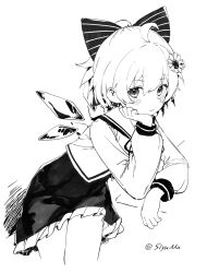 Rule 34 | 1girl, blush, bow, cirno, closed mouth, detached wings, fairy, frilled skirt, frills, greyscale, hair between eyes, hair bow, highres, ice, ice wings, long sleeves, monochrome, short hair, simple background, siyumu, skirt, solo, touhou, twitter username, white background, wings