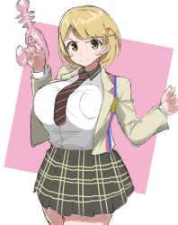 Rule 34 | 10s, 1girl, breasts, brown eyes, brown hair, energy gun, hair ornament, hairclip, highres, large breasts, lonwi21, looking at viewer, matching hair/eyes, narusawa ryouka, necktie, occultic;nine, plaid, plaid skirt, ray gun, shirt tucked in, short hair, skirt, smile, solo, thighs, trigger discipline, weapon
