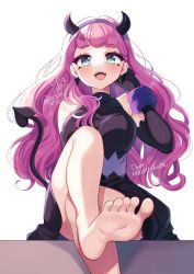 Rule 34 | 1girl, blush, bracelet, crossed legs, demon costume, demon horns, demon tail, doroshii, dress, earrings, elbow gloves, feet, foot focus, gloves, green eyes, halloween costume, horns, jewelry, laura (precure), laura la mer, long hair, magical girl, necklace, precure, purple hair, sitting, soles, strapless, strapless dress, tail, toes, triangle earrings, tropical-rouge! precure, two-tone dress, white background