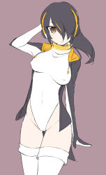 Rule 34 | 1girl, :/, black hair, blush, breasts, breasts apart, closed mouth, coattails, covered erect nipples, covered navel, drawstring, emperor penguin (kemono friends), expressionless, eyes visible through hair, flat color, gluteal fold, groin, hair over one eye, hand up, hatching (texture), highleg, highres, hood, hood down, kemono friends, light blush, long bangs, long hair, long sleeves, looking at viewer, multicolored hair, nekono matatabi, single eye, sketch, slit pupils, solo, streaked hair, thigh gap, thighhighs, turtleneck, wrists extended