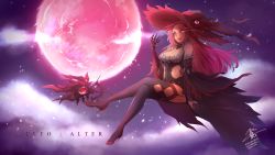 Rule 34 | 1girl, bare shoulders, black thighhighs, breasts, broom, broom riding, cleavage, fang, full moon, glowing, glowing eye, hat, highres, king&#039;s raid, large breasts, long hair, looking at viewer, medium breasts, moon, open mouth, pink hair, red eyes, red moon, smile, solo, suiiryu, thighhighs, witch, witch hat