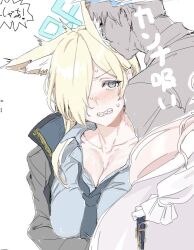 Rule 34 | 1boy, 2girls, akira (blue archive), animal ear fluff, animal ears, blonde hair, blue archive, blue halo, blue necktie, blue shirt, breasts, clearite, cleavage, clenched teeth, collarbone, grey eyes, hair ornament, halo, kanna (blue archive), large breasts, long hair, multiple girls, necktie, sensei (blue archive), sharp teeth, shirt, simple background, sketch, teeth, white background