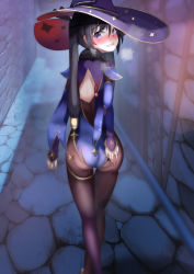Rule 34 | 1girl, absurdres, artist request, ass, ass grab, black hair, blush, cape, deep skin, embarrassed, from above, from behind, genshin impact, green eyes, hair ornament, hair ribbon, hat, highres, leotard, long hair, looking at viewer, looking back, looking up, mona (genshin impact), open mouth, pantyhose, ribbon, solo, thighlet, twintails, very long hair, walking, wavy mouth
