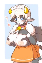 Rule 34 | 1girl, apron, blue eyes, breasts, breasts out, cow, furry, furry female, highres, horns, kinshun76501, milk, nipples, short hair, solo, white hair