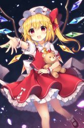Rule 34 | 1girl, ankle socks, arms up, ascot, black background, blonde hair, checkered background, commentary request, contrapposto, fang, flandre scarlet, gradient background, hair between eyes, hat, hat ribbon, highres, holding, holding stuffed toy, leg lift, light particles, looking at viewer, mary janes, mob cap, one side up, open mouth, outstretched hand, petals, petticoat, puffy short sleeves, puffy sleeves, purple background, reaching, reaching towards viewer, red eyes, red footwear, red skirt, red vest, ribbon, ruhika, shirt, shoes, short hair, short sleeves, skirt, socks, solo, standing, standing on one leg, stuffed animal, stuffed toy, teddy bear, touhou, vest, white hat, white shirt, white socks, wings, yellow ascot