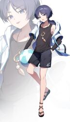 Rule 34 | 1boy, absurdres, alternate costume, ball, bare legs, beachball, black shorts, black sleeves, black tank top, blue hair, closed mouth, contemporary, genshin impact, hair between eyes, highres, holding, holding ball, holding beachball, hood, hooded jacket, hoodie, jacket, jewelry, long sleeves, male focus, necklace, sandals, scaramouche (genshin impact), shirt, shoes, short hair, short sleeves, shorts, smile, solo, tank top, tongue, tongue out, twitter username, ugwa, wanderer (genshin impact), watermark, white hoodie, zoom layer