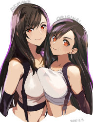 Rule 34 | 2girls, asymmetrical docking, breast press, breasts, brown hair, collarbone, comparison, crop top, dated, earrings, elbow gloves, english text, final fantasy, final fantasy vii, final fantasy vii remake, gabu (az210309), gloves, jewelry, large breasts, long hair, looking at viewer, midriff, multiple girls, navel, red eyes, smile, square enix, swept bangs, tank top, tifa lockhart, white tank top