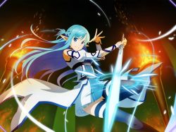 Rule 34 | 1girl, asuna (sao-alo), blue eyes, blue hair, blue thighhighs, braid, closed mouth, detached sleeves, floating hair, french braid, game cg, holding, holding sword, holding weapon, long hair, miniskirt, pointy ears, skirt, smile, solo, sword, sword art online, sword art online: alicization, sword art online: alicization rising steel, sword art online: unleashed blading, thigh strap, thighhighs, very long hair, waist cape, weapon, white skirt, white sleeves