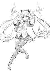 Rule 34 | 1girl, absurdres, greyscale, hatsune miku, highres, kazenoko, long hair, monochrome, simple background, sketch, smile, solo, thighhighs, vocaloid, white background