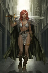 Rule 34 | 1girl, armor, belt, bikini armor, black belt, boots, braid, braided ponytail, brown footwear, brown gloves, cape, city, earrings, fur-trimmed cape, fur trim, gloves, green cape, grey eyes, highres, holding, holding sword, holding weapon, hoop earrings, jewelry, long hair, looking at viewer, outdoors, over shoulder, pauldrons, red hair, red sonja, red sonja (comics), shoulder armor, single pauldron, solo, sword, weapon, weapon over shoulder, yoon junggeun