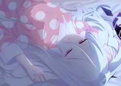 Rule 34 | 1girl, absurdres, bed sheet, black halo, blue archive, commentary, hair between eyes, halo, highres, hina (blue archive), hina (pajamas) (blue archive), long hair, long sleeves, lying, matyata, on back, pajamas, pink pajamas, polka dot, polka dot pajamas, purple eyes, solo, white hair