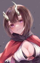 Rule 34 | 1girl, black bra, black gloves, blush, bra, breasts, broken horn, brown hair, capelet, cleavage, commentary request, demon girl, demon horns, elbow gloves, eriko (princess connect!), fur-trimmed capelet, fur trim, gloves, grey background, head tilt, highres, horns, large breasts, looking at viewer, princess connect!, purple eyes, red capelet, ryuna (inc moon), shirt, short hair, smile, solo, underwear, upper body, white shirt