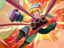 Rule 34 | 1girl, arms (game), beanie, bike shorts, blonde hair, chinese clothes, domino mask, dragon (arms), facepaint, food, green eyes, hat, hitohito, leggings, leggings under shorts, looking at viewer, mask, min min (arms), nintendo, noodles, pantyhose, short hair, shorts, solo