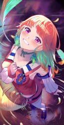 Rule 34 | 1girl, absurdres, blue hair, blush, detached sleeves, earrings, feather earrings, feathers, from above, hand on own chest, highres, hololive, hololive english, jewelry, looking at viewer, multicolored hair, orange hair, purple eyes, reflection, skymax, smile, solo, standing, standing on liquid, streaked hair, takanashi kiara, thighhighs, thighs, virtual youtuber, water