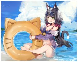 Rule 34 | 1girl, animal ear fluff, animal ears, bare shoulders, bikini, bikini under clothes, black hair, blue bikini, blue sky, blush, bow, breasts, cat ears, cat girl, cat tail, cleavage, cloud, cloudy sky, commentary request, day, eyewear on head, fang, front-tie bikini top, front-tie top, green eyes, hair bow, highres, innertube, jacket, karyl (princess connect!), karyl (summer) (princess connect!), long sleeves, looking at viewer, low twintails, medium breasts, multicolored hair, navel, ocean, off shoulder, open clothes, open jacket, open mouth, outdoors, princess connect!, purple jacket, red bow, short shorts, shorts, silver (chenwen), sitting, sky, solo, streaked hair, sunglasses, swim ring, swimsuit, tail, tail raised, twintails, water, white hair, white shorts